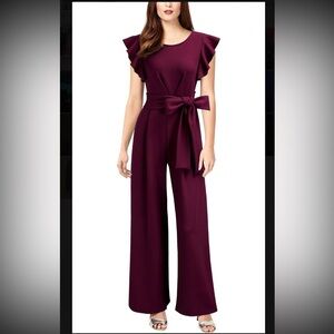 Burgundy Ruffle Sleeve High-Waist Formal Jumpsuit w/ Belt | Size XL